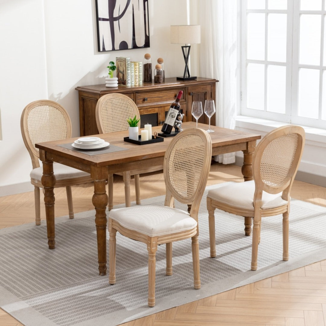 4x Rattan Dining Chairs with Solid Wood Legs- Beige