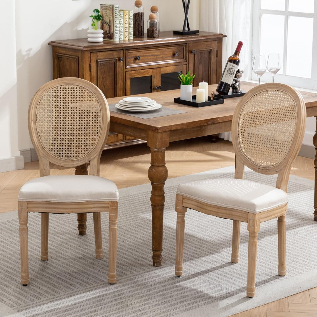 4x Rattan Dining Chairs with Solid Wood Legs- Beige