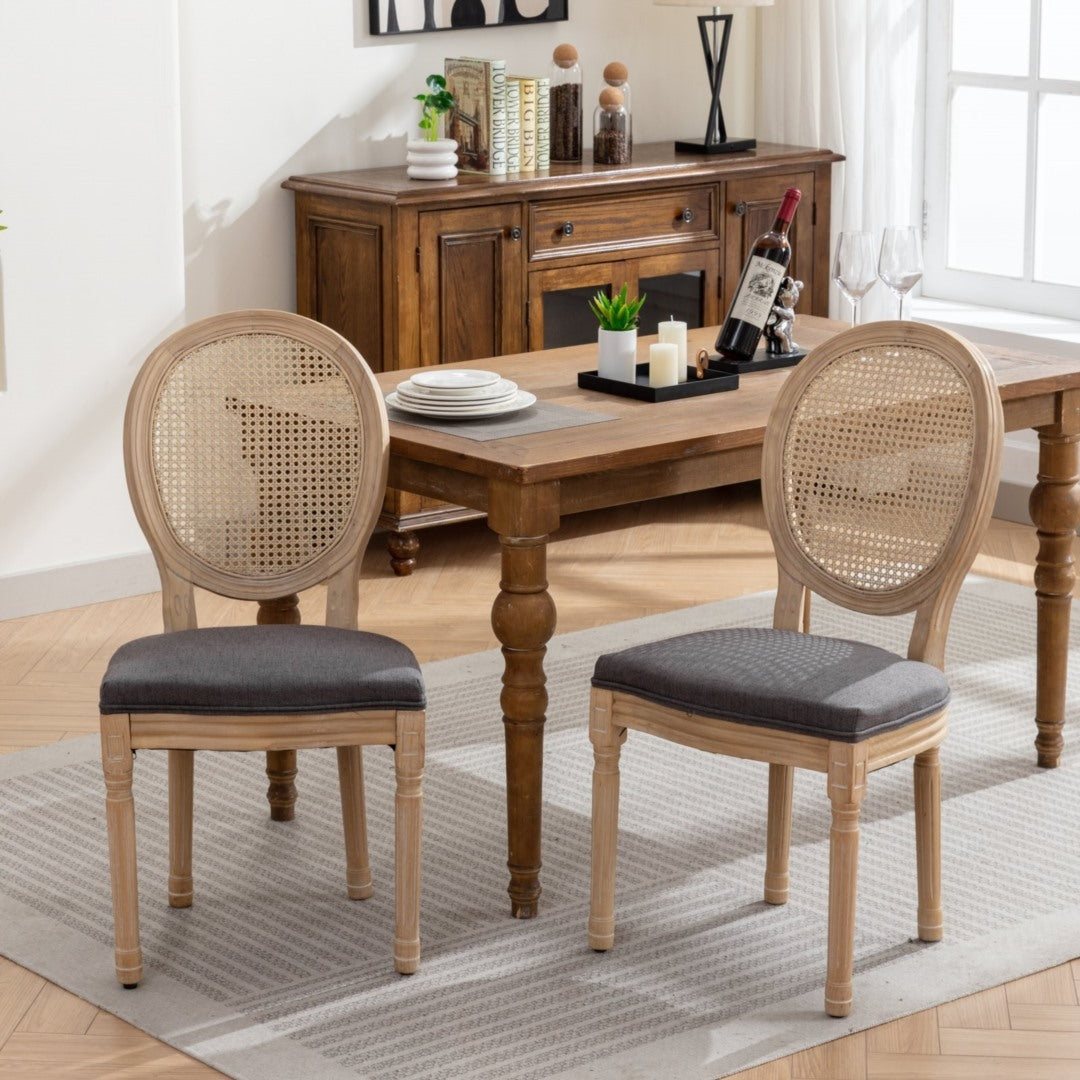 2x Rattan Dining Chairs with Solid Wood Legs- Grey