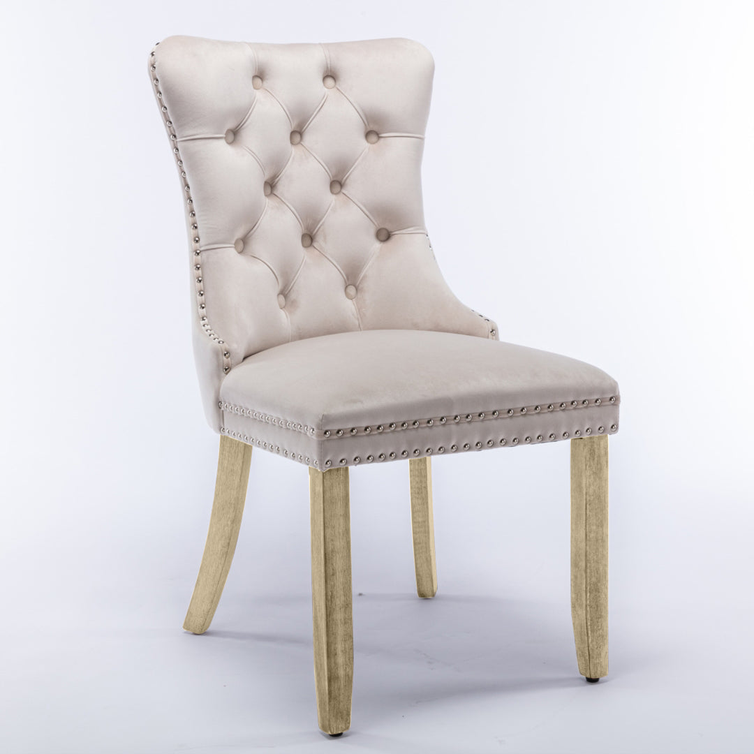 4x Velvet Dining Chairs Upholstered Tufted Kithcen Chair with Solid Wood Legs Stud Trim and Ring-Beige