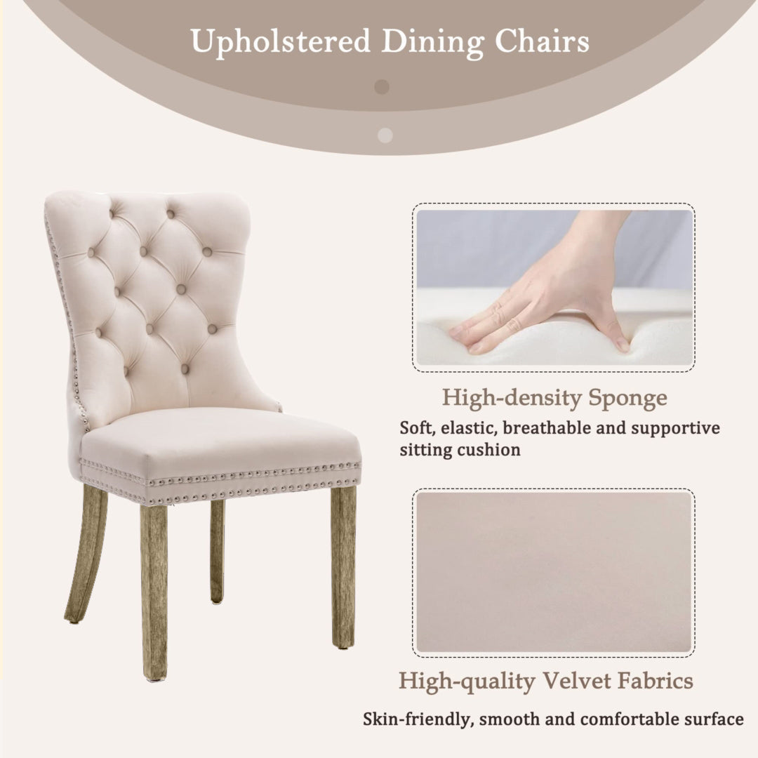 4x Velvet Dining Chairs Upholstered Tufted Kithcen Chair with Solid Wood Legs Stud Trim and Ring-Beige