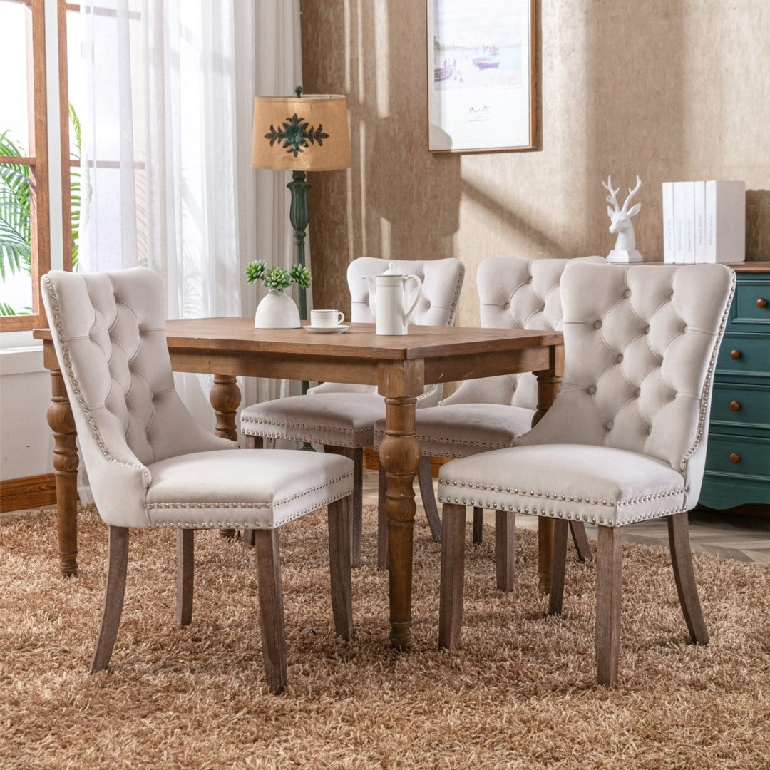 4x Velvet Dining Chairs Upholstered Tufted Kithcen Chair with Solid Wood Legs Stud Trim and Ring-Beige