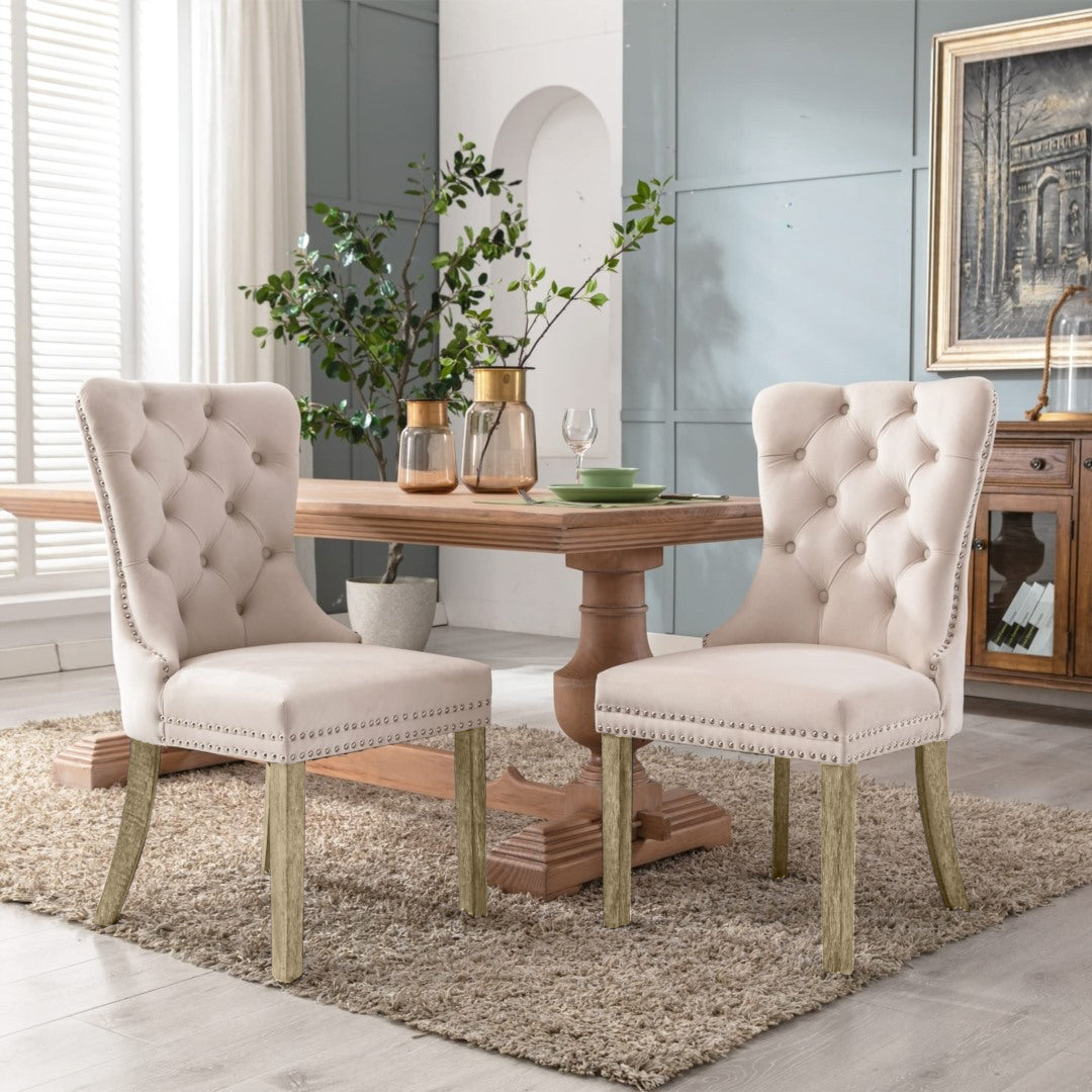 6x Velvet Dining Chairs Upholstered Tufted Kithcen Chair with Solid Wood Legs Stud Trim and Ring-Beige