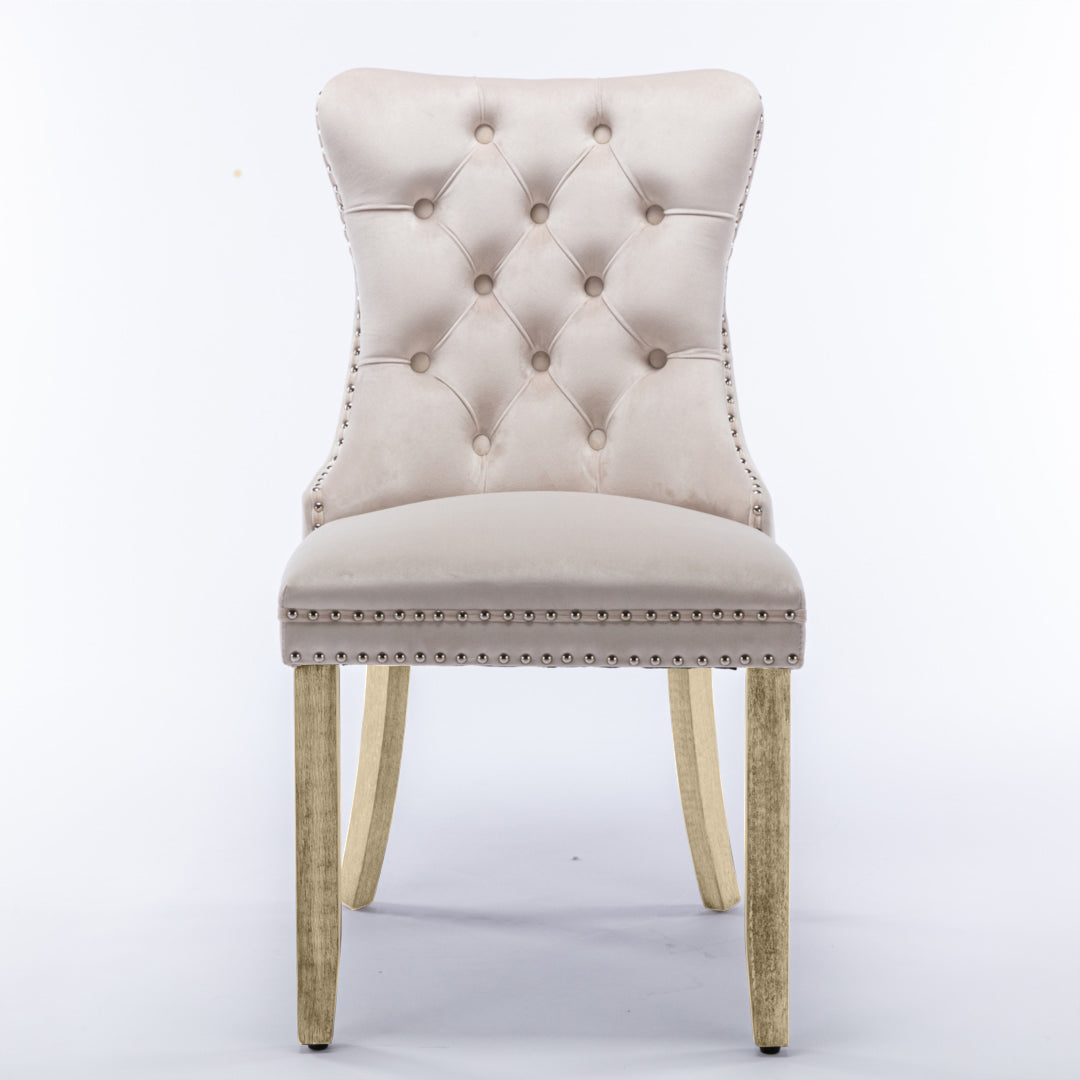 8x Velvet Dining Chairs Upholstered Tufted Kithcen Chair with Solid Wood Legs Stud Trim and Ring-Beige