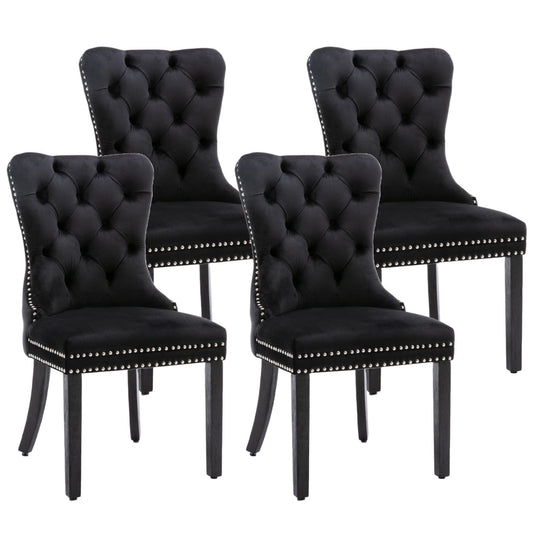 4x Velvet Dining Chairs Upholstered Tufted Kithcen Chair with Solid Wood Legs Stud Trim and Ring-Black