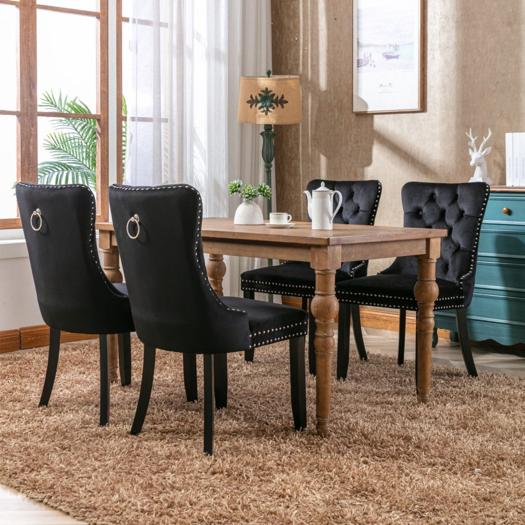 4x Velvet Dining Chairs Upholstered Tufted Kithcen Chair with Solid Wood Legs Stud Trim and Ring-Black