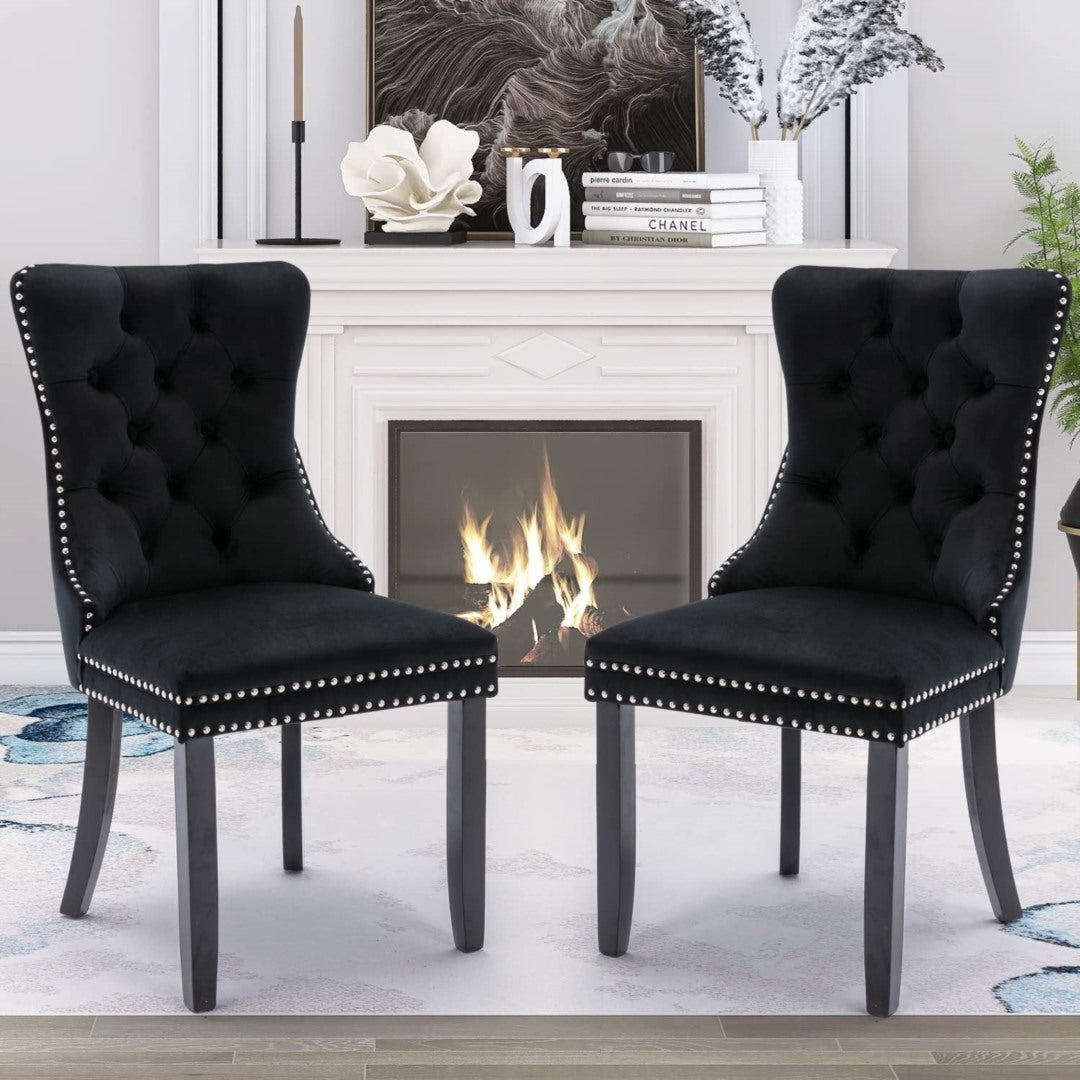 4x Velvet Dining Chairs Upholstered Tufted Kithcen Chair with Solid Wood Legs Stud Trim and Ring-Black