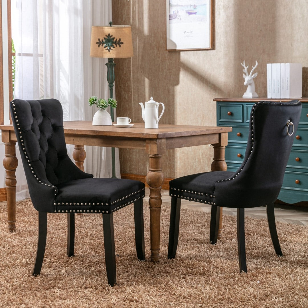 4x Velvet Dining Chairs Upholstered Tufted Kithcen Chair with Solid Wood Legs Stud Trim and Ring-Black