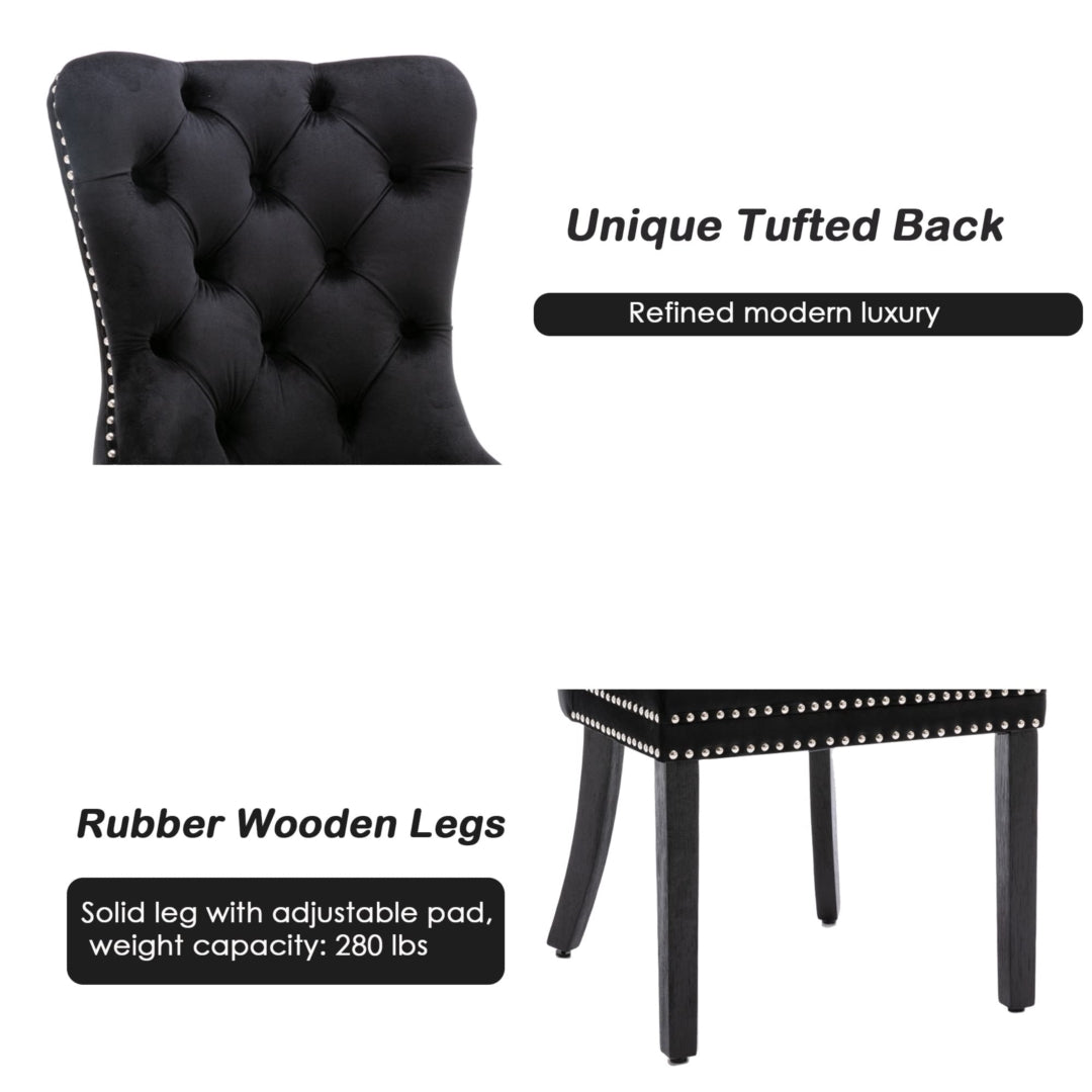 4x Velvet Dining Chairs Upholstered Tufted Kithcen Chair with Solid Wood Legs Stud Trim and Ring-Black