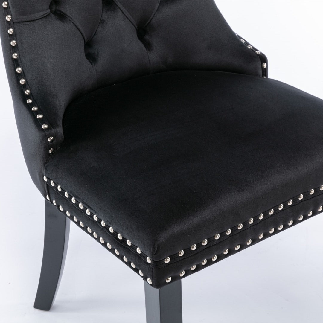 4x Velvet Dining Chairs Upholstered Tufted Kithcen Chair with Solid Wood Legs Stud Trim and Ring-Black