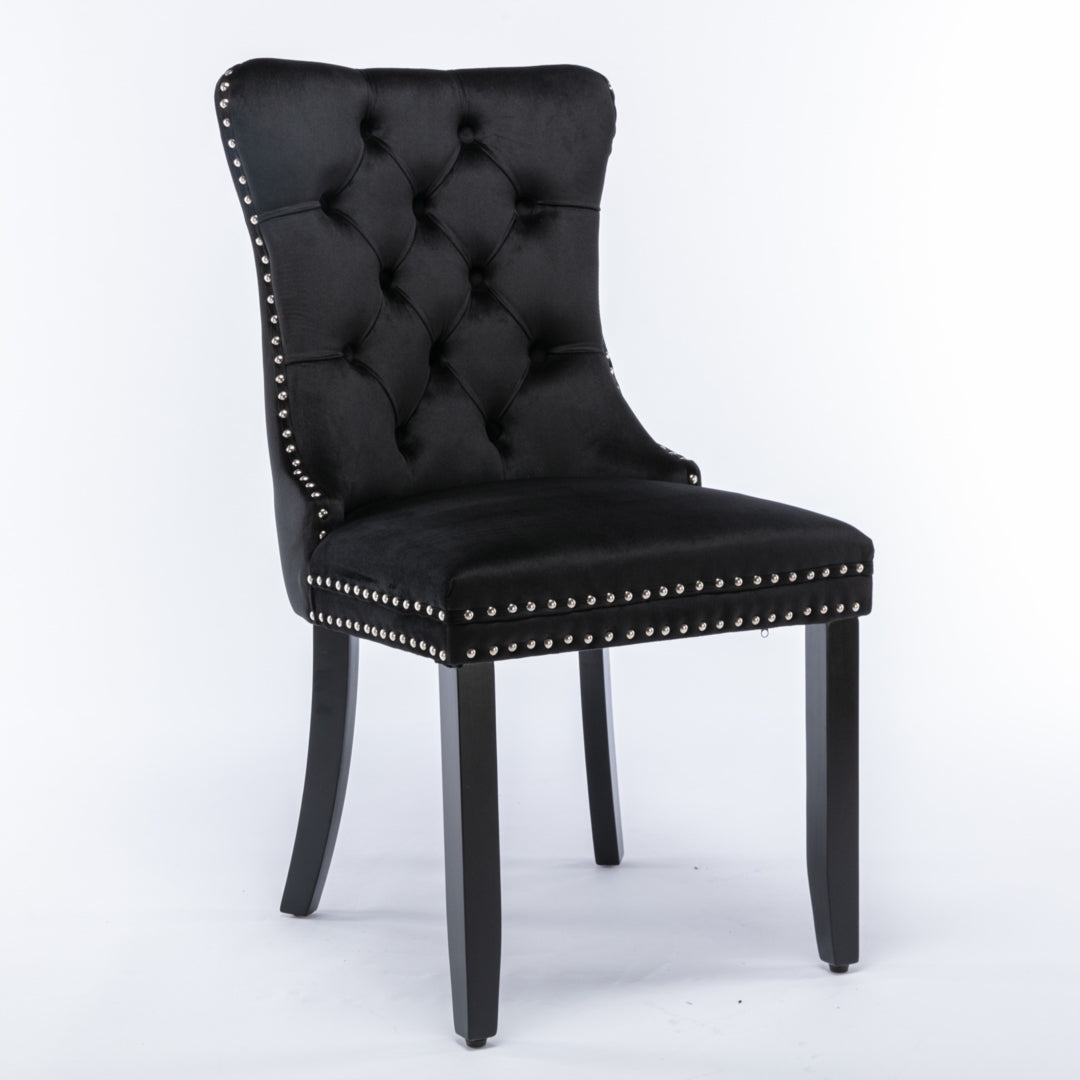 6x Velvet Dining Chairs Upholstered Tufted Kithcen Chair with Solid Wood Legs Stud Trim and Ring-Black