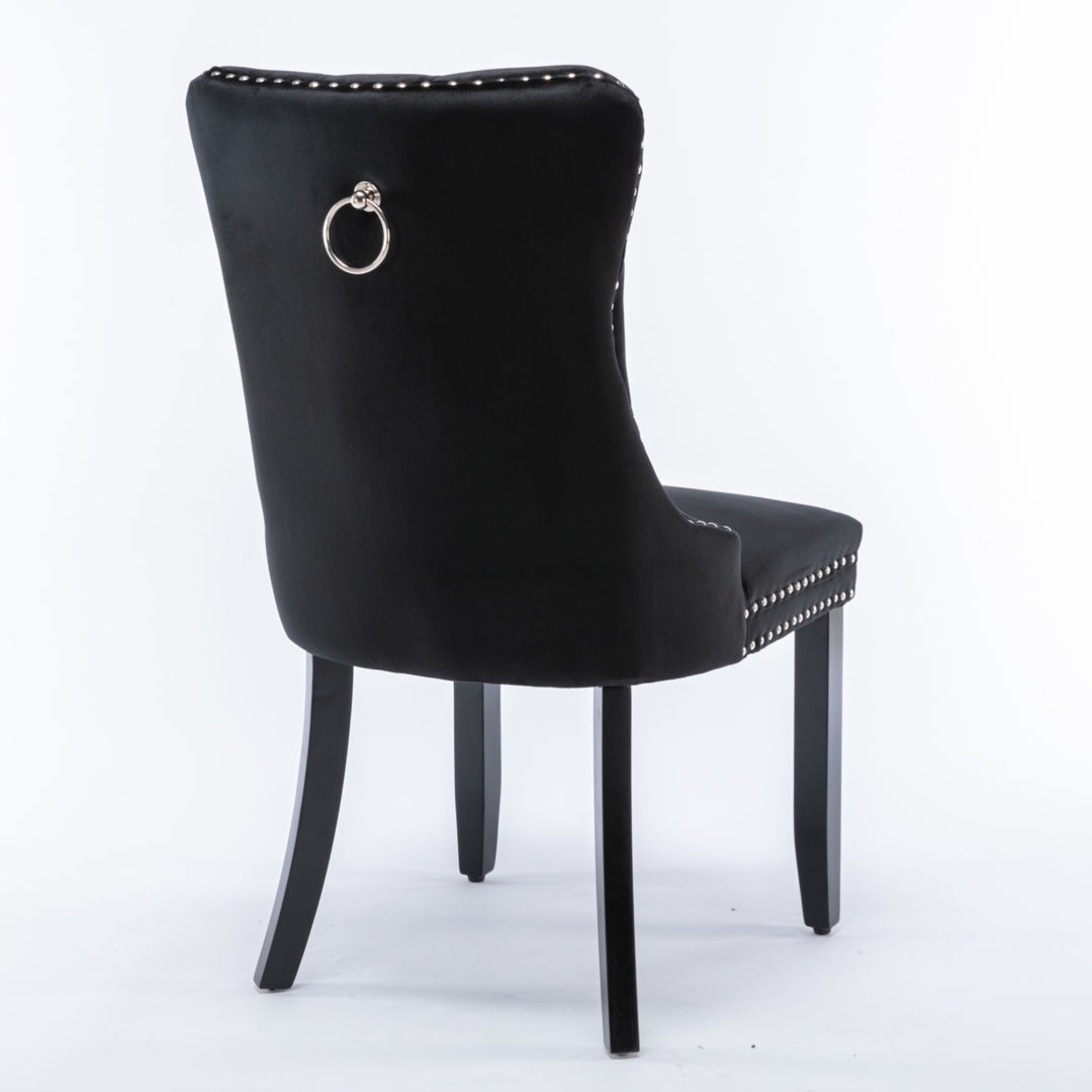 6x Velvet Dining Chairs Upholstered Tufted Kithcen Chair with Solid Wood Legs Stud Trim and Ring-Black