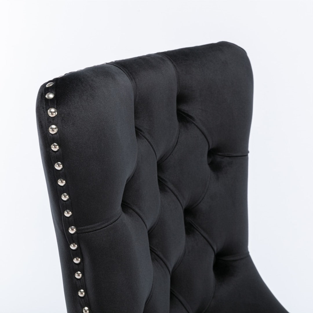 6x Velvet Dining Chairs Upholstered Tufted Kithcen Chair with Solid Wood Legs Stud Trim and Ring-Black