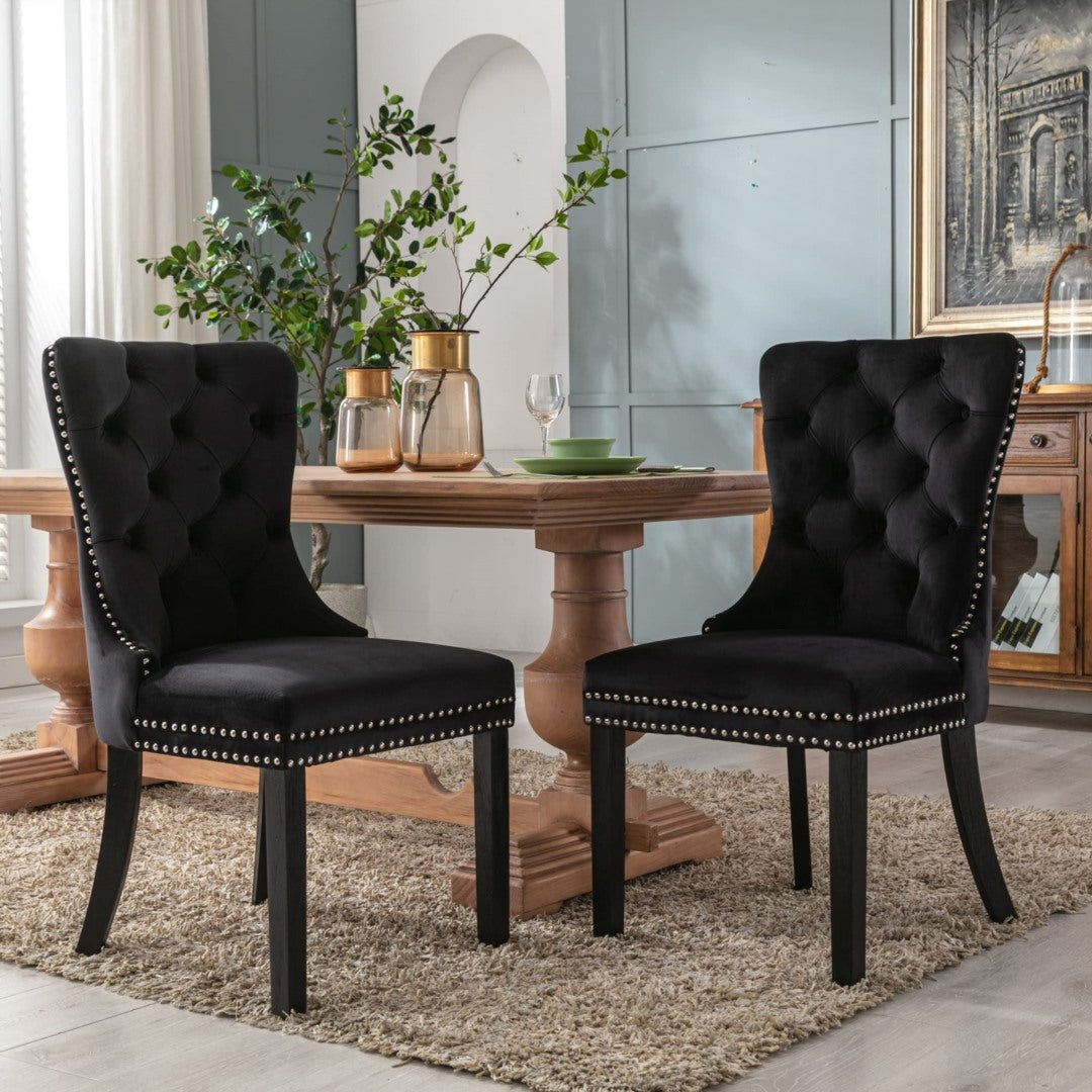 8x Velvet Dining Chairs Upholstered Tufted Kithcen Chair with Solid Wood Legs Stud Trim and Ring-Black