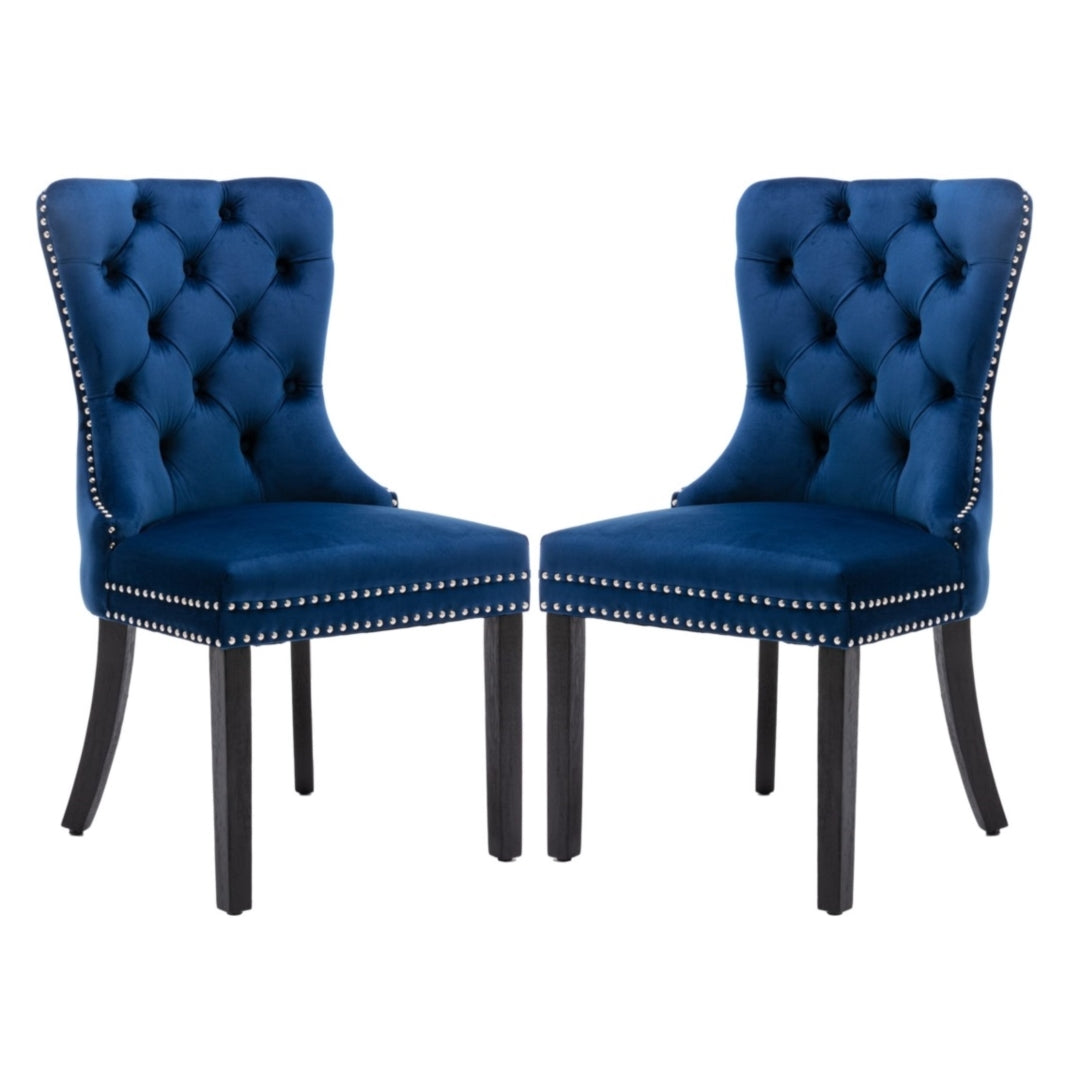 4x Velvet Dining Chairs Upholstered Tufted Kithcen Chair with Solid Wood Legs Stud Trim and Ring-Blue