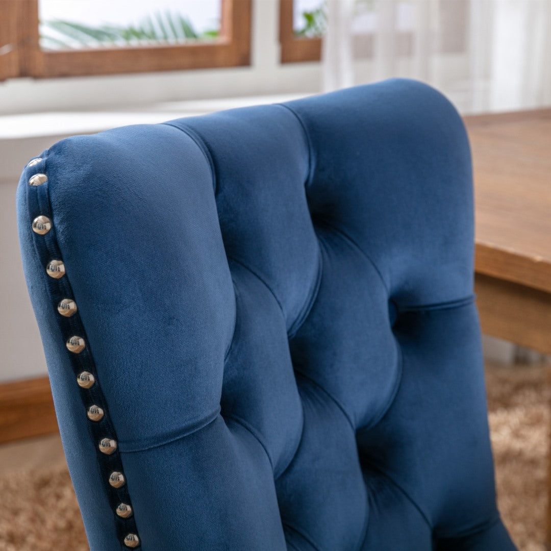 6x Velvet Dining Chairs Upholstered Tufted Kithcen Chair with Solid Wood Legs Stud Trim and Ring-Blue