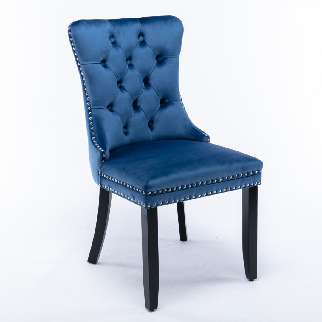 8x Velvet Dining Chairs Upholstered Tufted Kithcen Chair with Solid Wood Legs Stud Trim and Ring-Blue