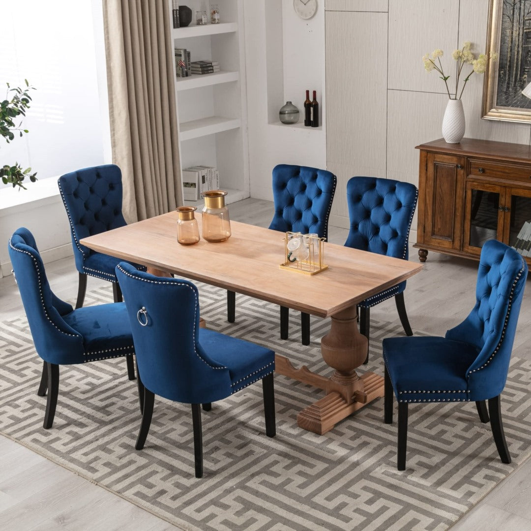 2x Velvet Dining Chairs Upholstered Tufted Kithcen Chair with Solid Wood Legs Stud Trim and Ring-Blue