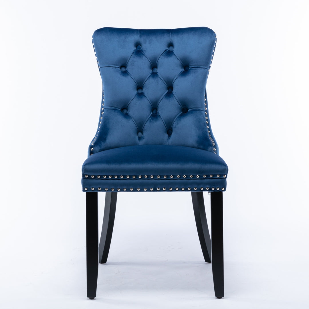 2x Velvet Dining Chairs Upholstered Tufted Kithcen Chair with Solid Wood Legs Stud Trim and Ring-Blue