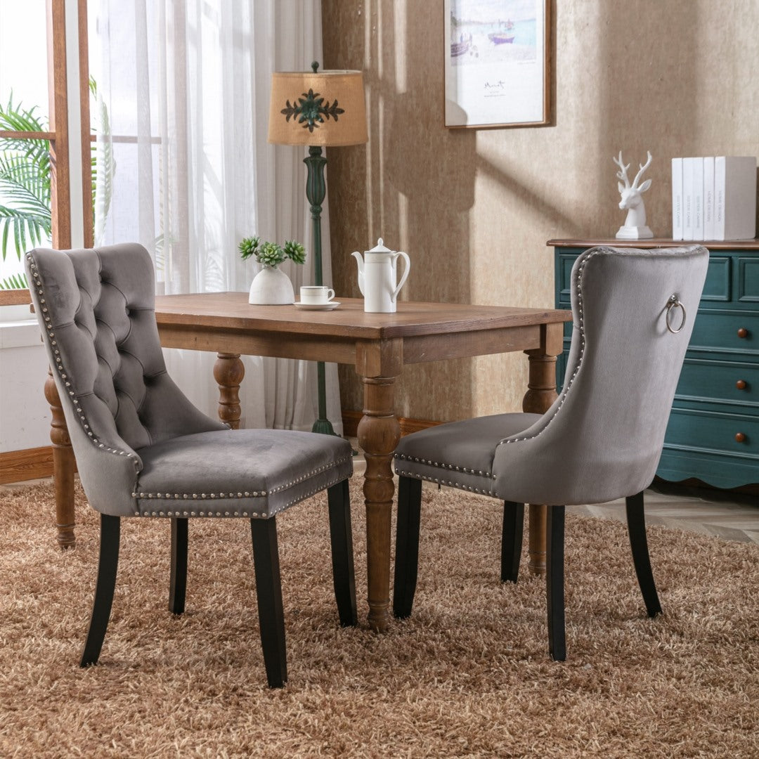 4x Velvet Dining Chairs Upholstered Tufted Kithcen Chair with Solid Wood Legs Stud Trim and Ring-Gray