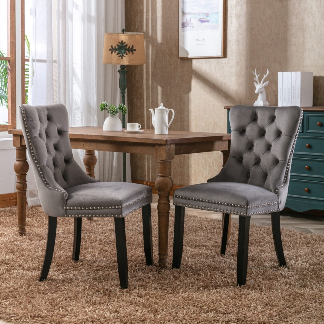 4x Velvet Dining Chairs Upholstered Tufted Kithcen Chair with Solid Wood Legs Stud Trim and Ring-Gray