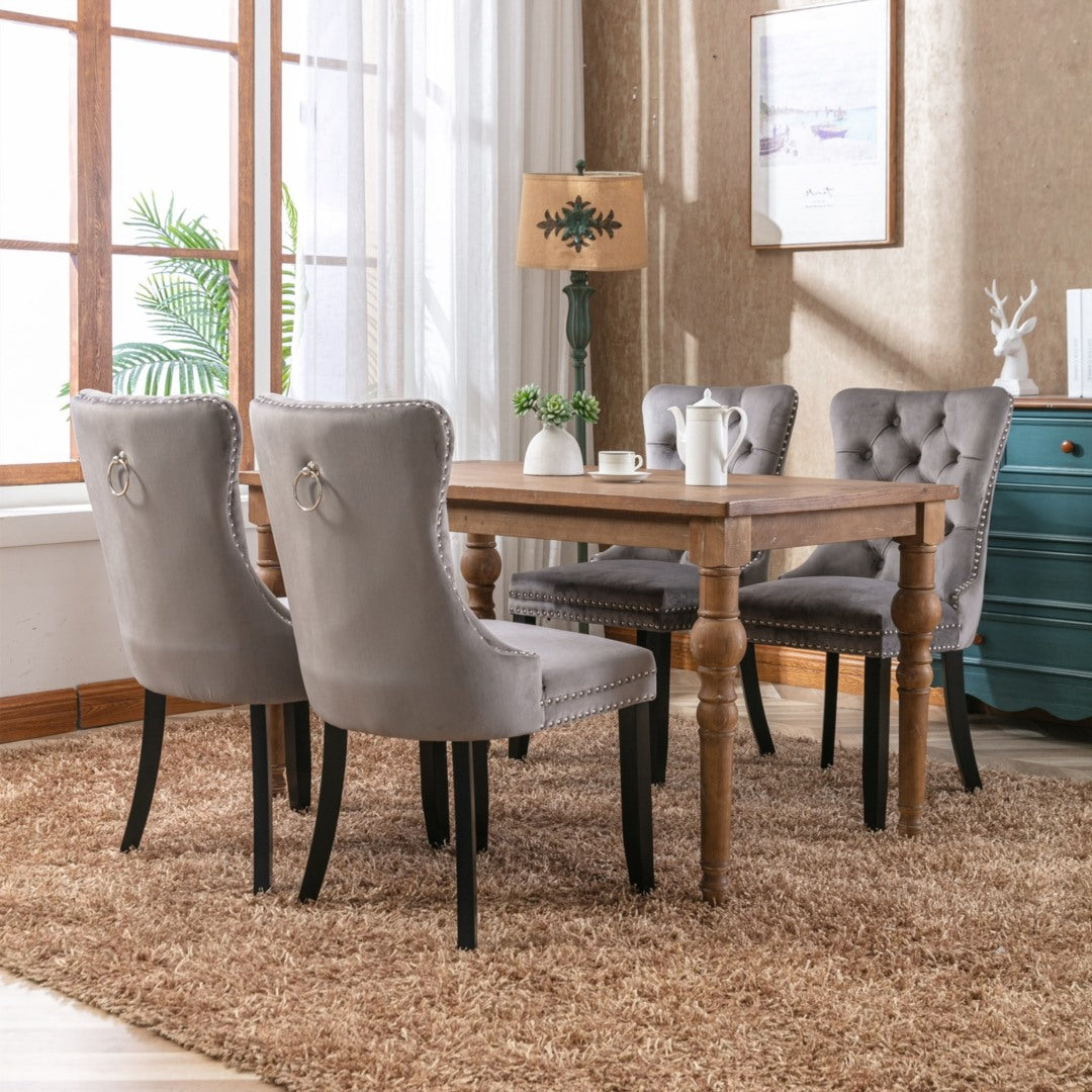 4x Velvet Dining Chairs Upholstered Tufted Kithcen Chair with Solid Wood Legs Stud Trim and Ring-Gray