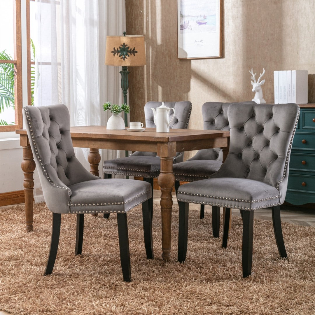 4x Velvet Dining Chairs Upholstered Tufted Kithcen Chair with Solid Wood Legs Stud Trim and Ring-Gray