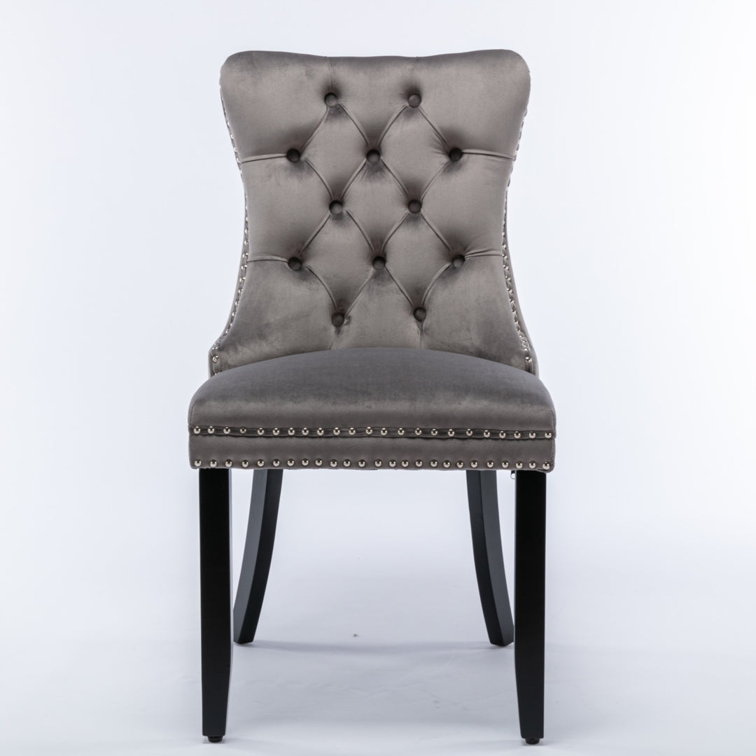 6x Velvet Dining Chairs Upholstered Tufted Kithcen Chair with Solid Wood Legs Stud Trim and Ring-Gray