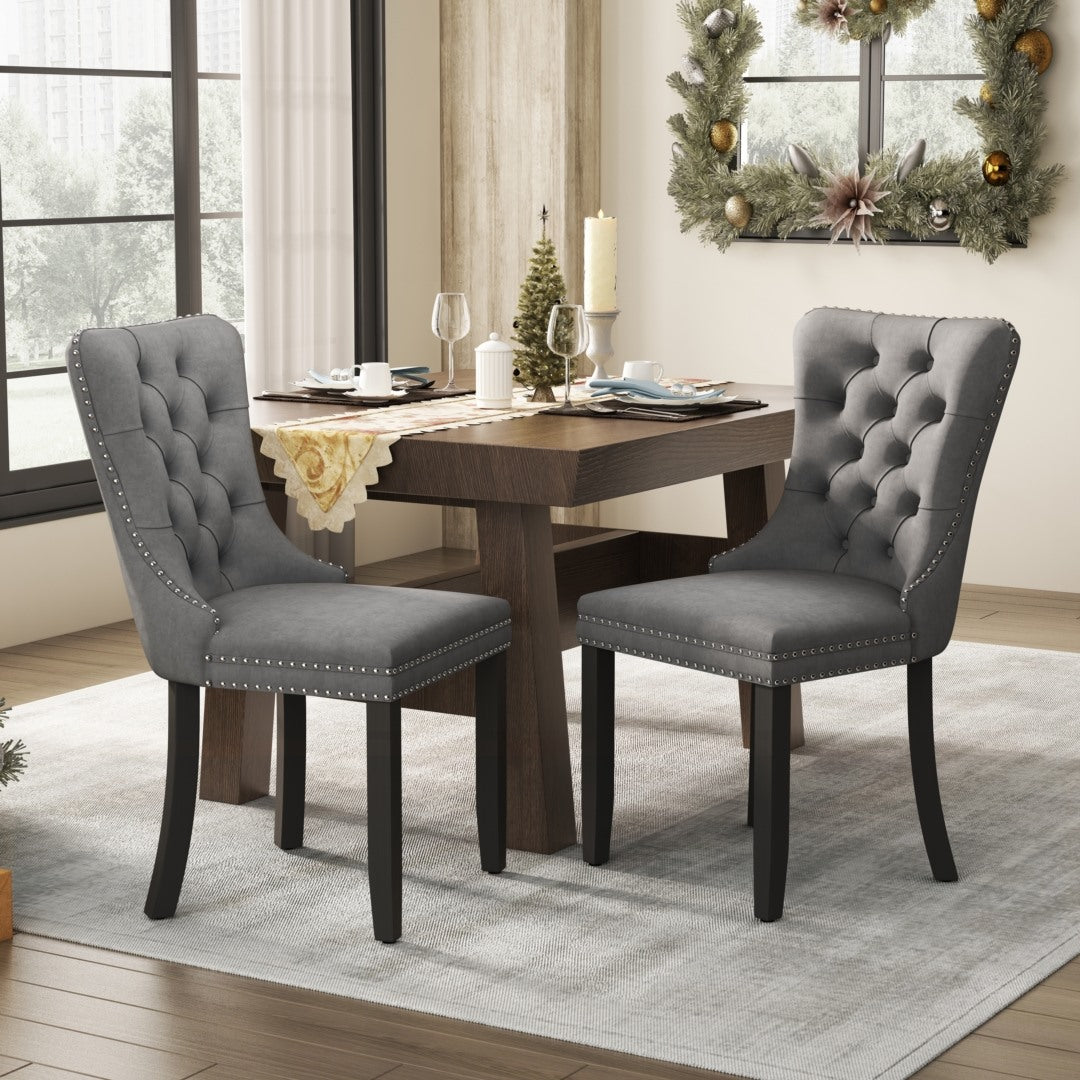 6x Velvet Dining Chairs Upholstered Tufted Kithcen Chair with Solid Wood Legs Stud Trim and Ring-Gray