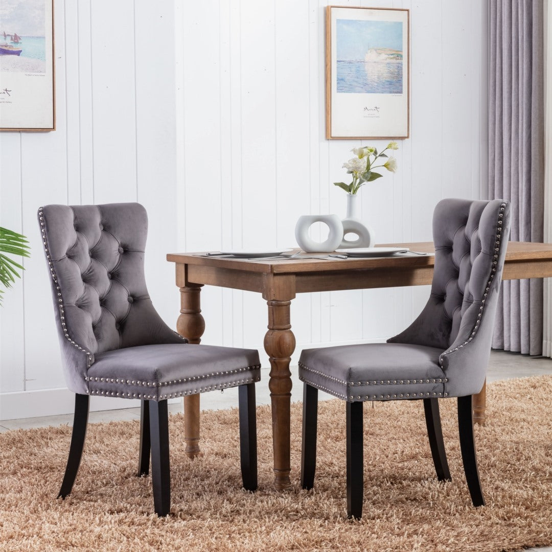 6x Velvet Dining Chairs Upholstered Tufted Kithcen Chair with Solid Wood Legs Stud Trim and Ring-Gray