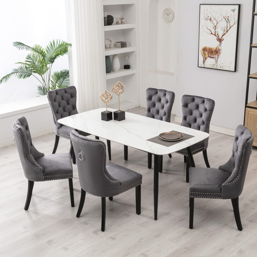 8x Velvet Dining Chairs Upholstered Tufted Kithcen Chair with Solid Wood Legs Stud Trim and Ring-Gray