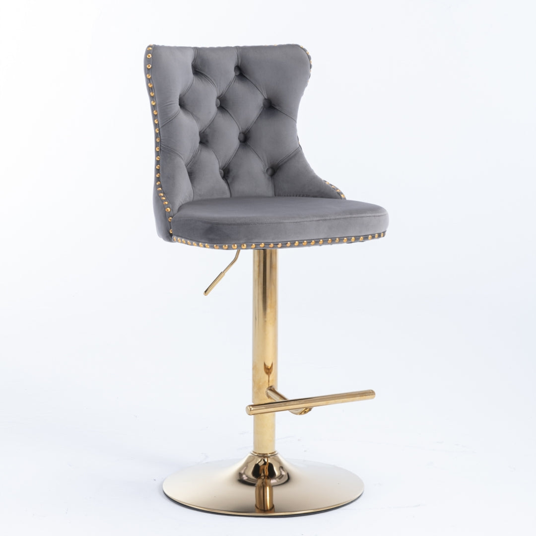 Bar Stool 4x Height Adjustable Swivel Velvet Studs Footrest Golden Base - Grey