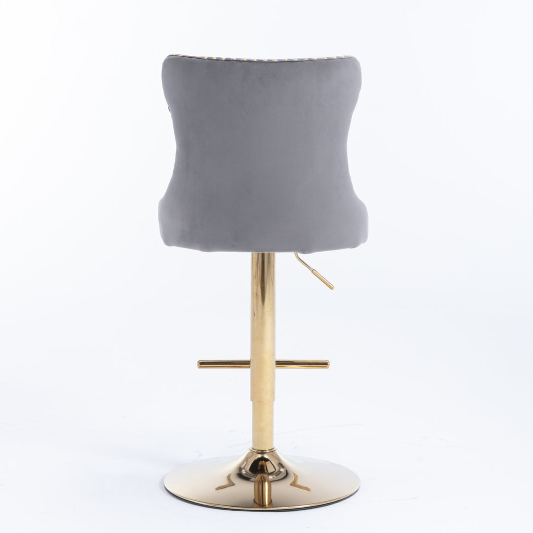 Bar Stool 4x Height Adjustable Swivel Velvet Studs Footrest Golden Base - Grey