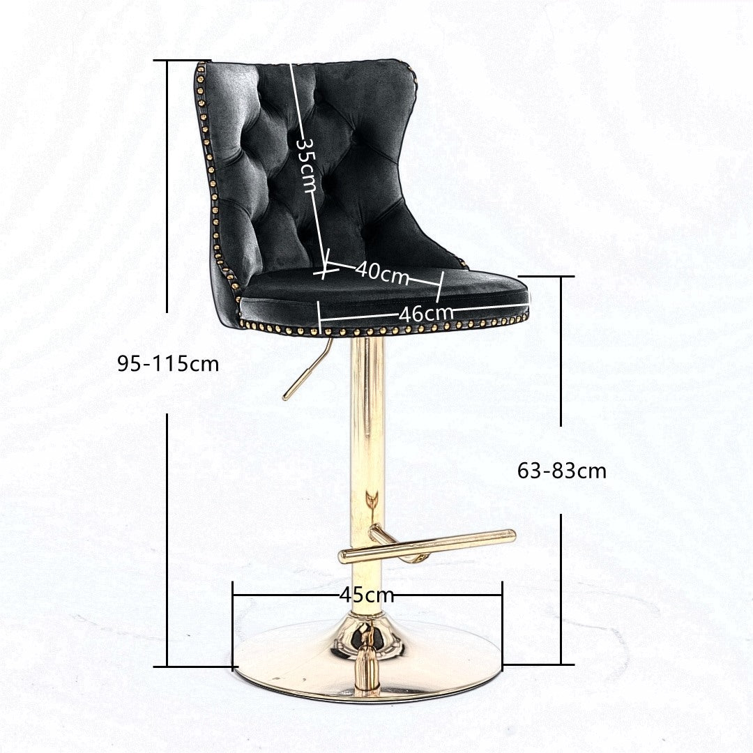 Bar Stool 4x Height Adjustable Swivel Velvet Studs Footrest Golden Base - Grey