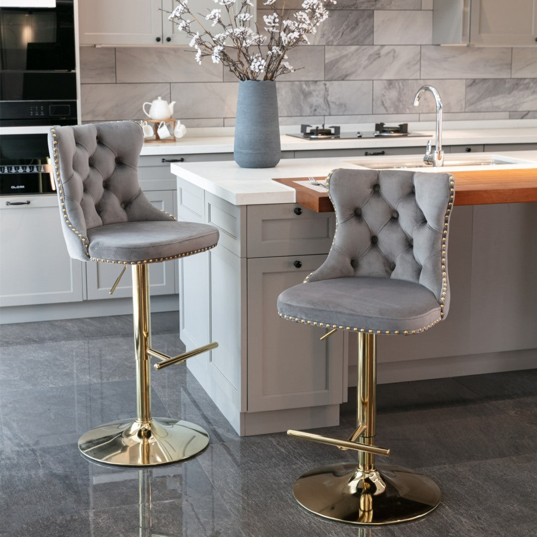 Bar Stool 4x Height Adjustable Swivel Velvet Studs Footrest Golden Base - Grey