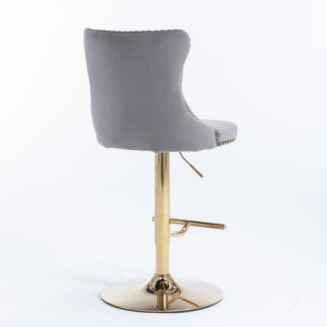 Bar Stool 4x Height Adjustable Swivel Velvet Studs Footrest Golden Base - Grey