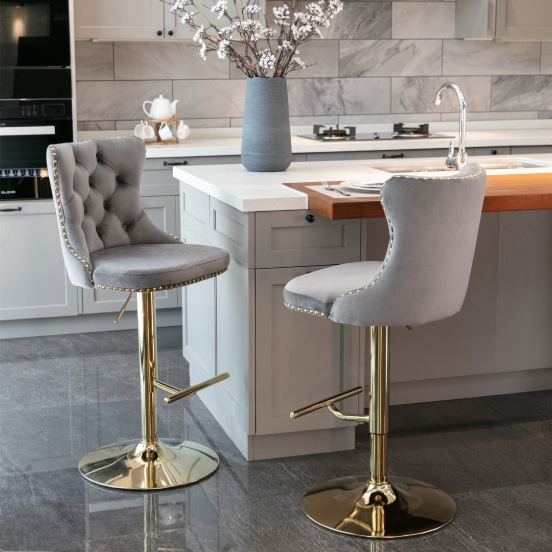 Bar Stool 4x Height Adjustable Swivel Velvet Studs Footrest Golden Base - Grey