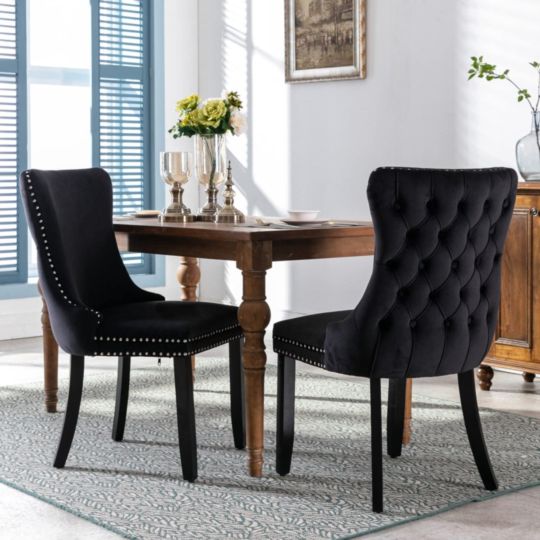 4x Velvet Upholstered Dining Tufted Chairs with Studs Trim and Solid Wood Legs-Black