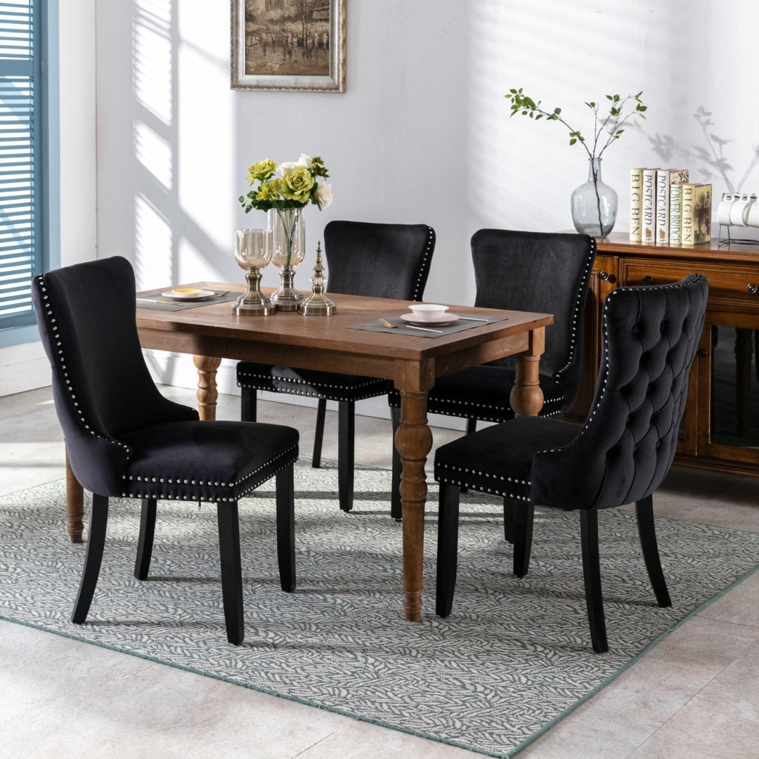 4x Velvet Upholstered Dining Tufted Chairs with Studs Trim and Solid Wood Legs-Black