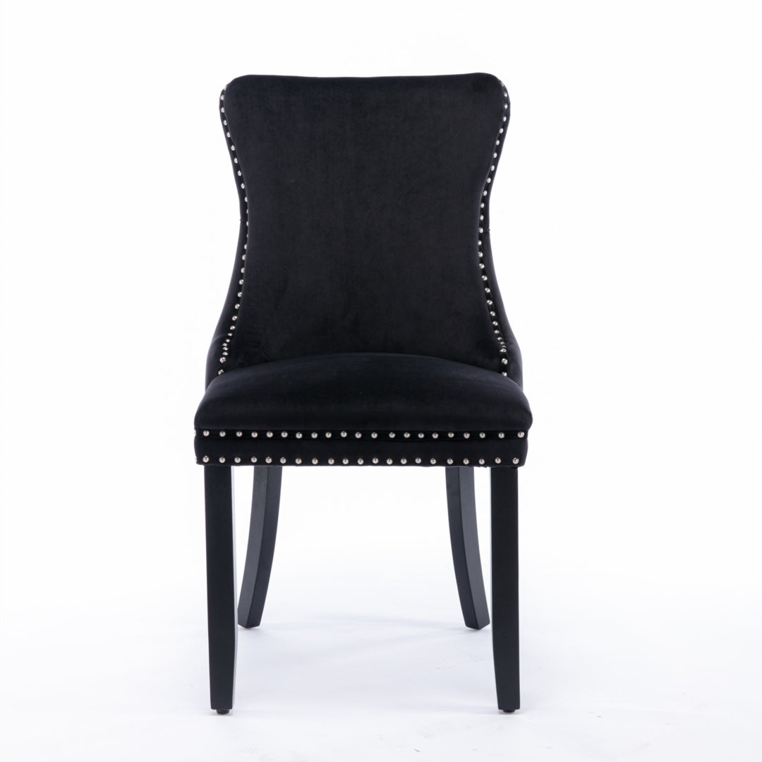 6x Velvet Upholstered Dining Tufted Chairs with Studs Trim and Solid Wood Legs-Black