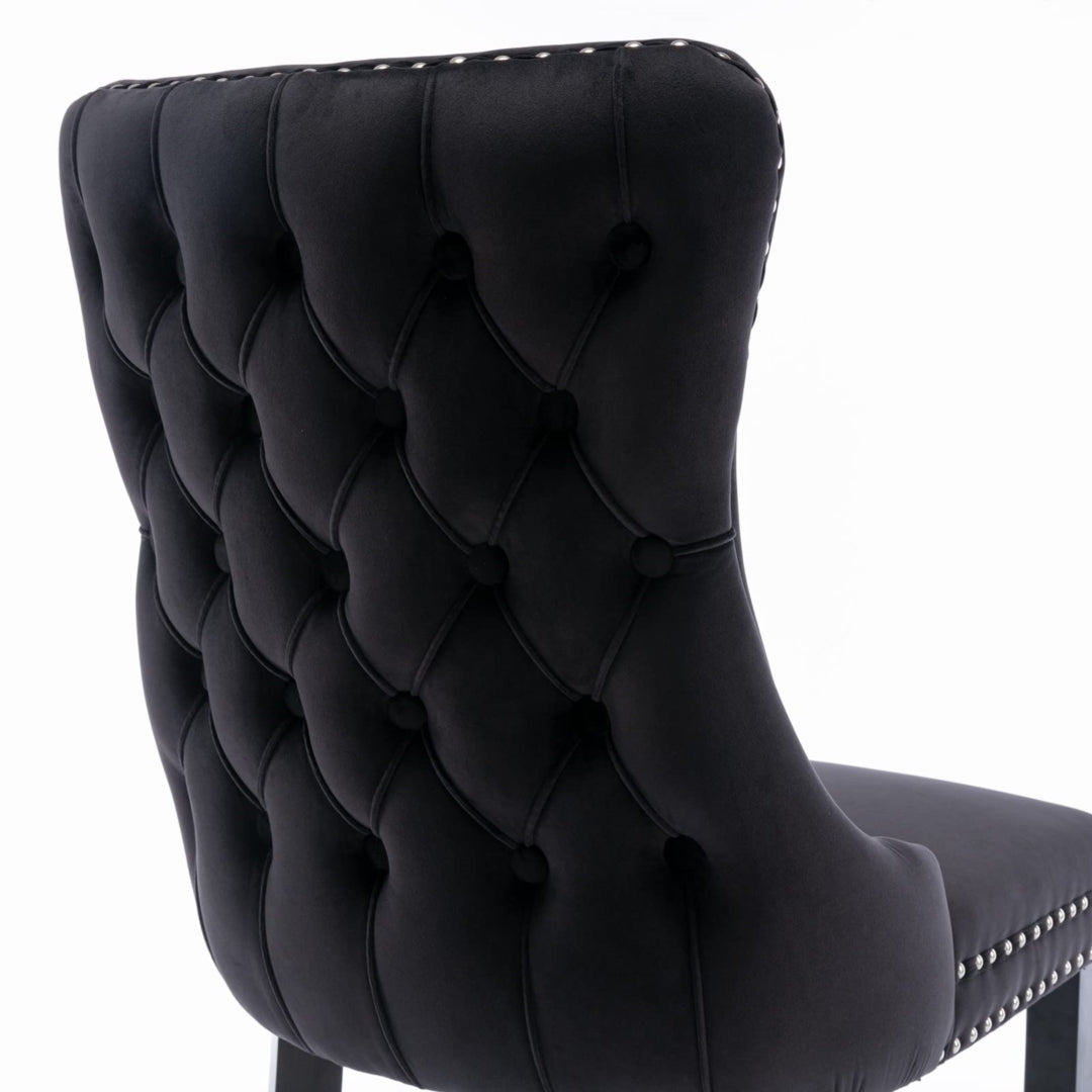 6x Velvet Upholstered Dining Tufted Chairs with Studs Trim and Solid Wood Legs-Black