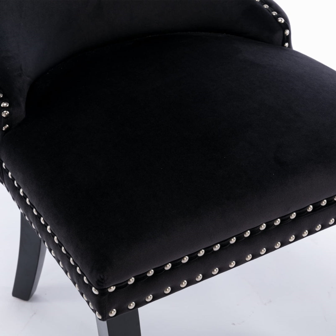 6x Velvet Upholstered Dining Tufted Chairs with Studs Trim and Solid Wood Legs-Black