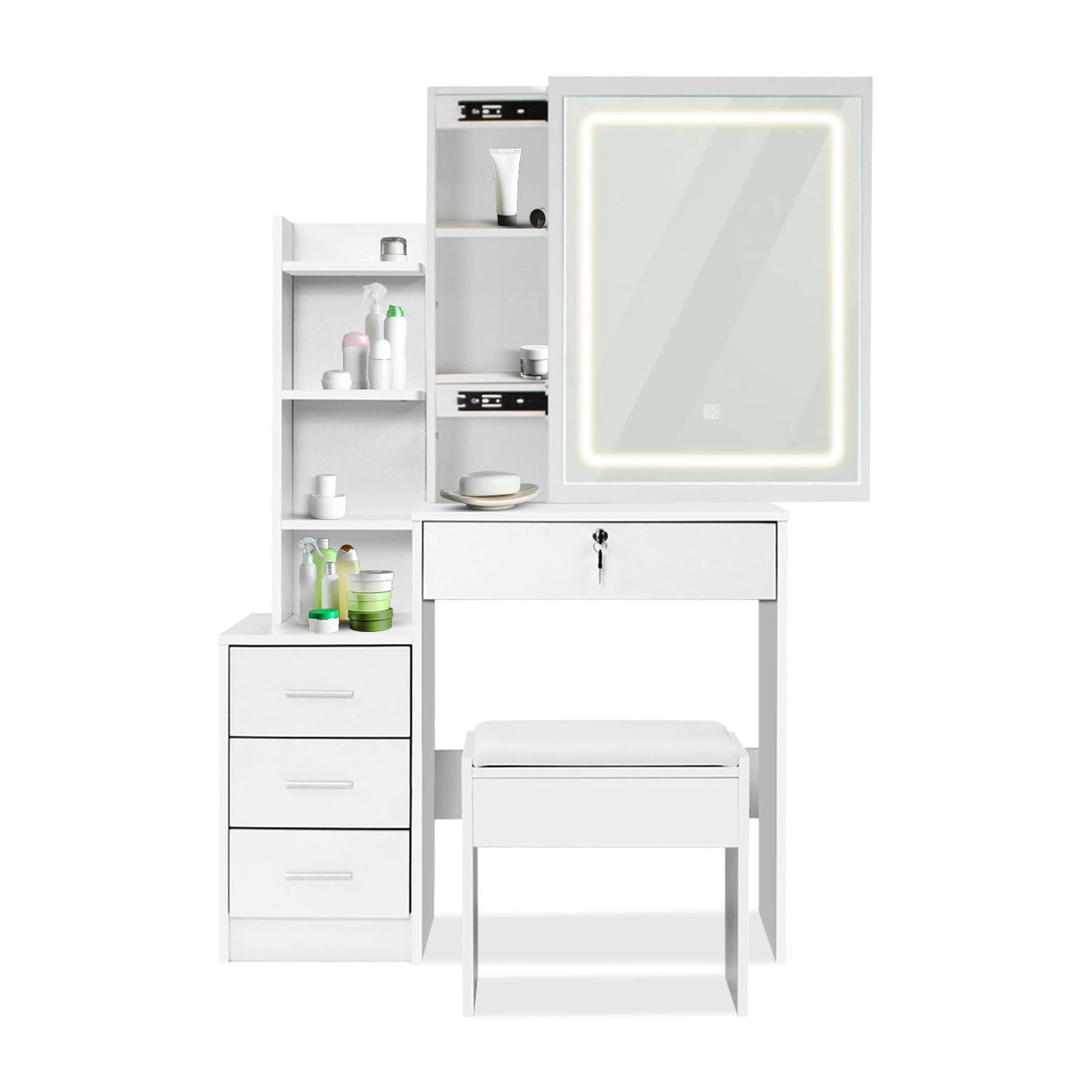 EKKIO Dressing Table White LED Mirror + Stool