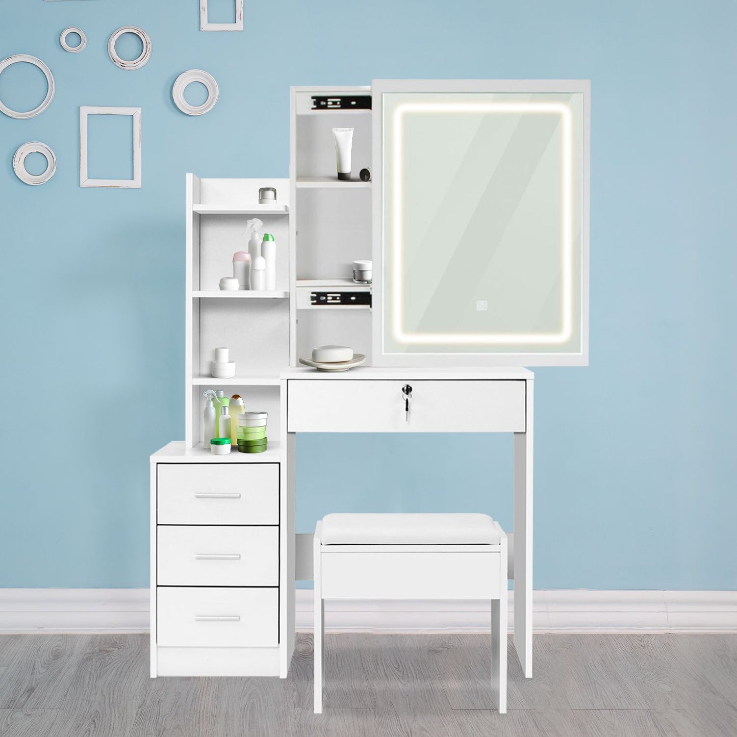 Dressing Table White LED Mirror + Stool