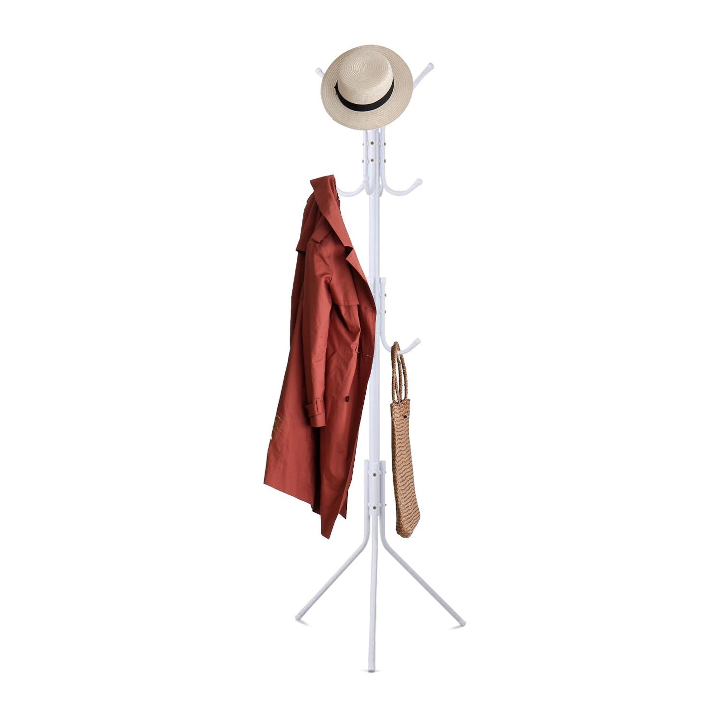 12 Hook Metal Coat Rack Stand with 3-Tier Hat Hanger (White)