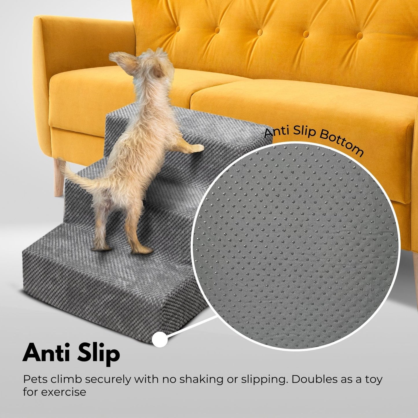 3-Step Detachable Memory Foam Pet Stairs with Removable Washable Cover (Grey)