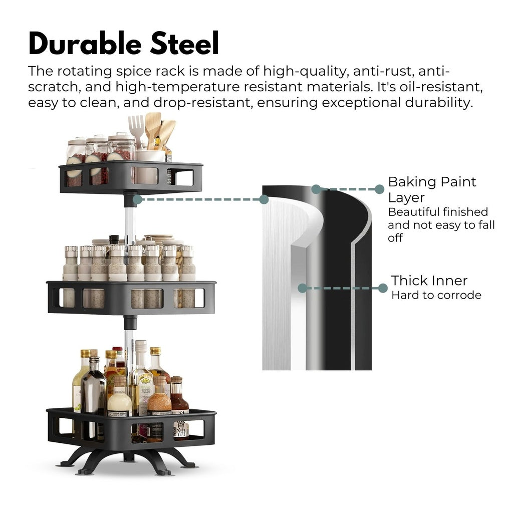 3 Tier Rotating Spice Rack Square Shape (Black)