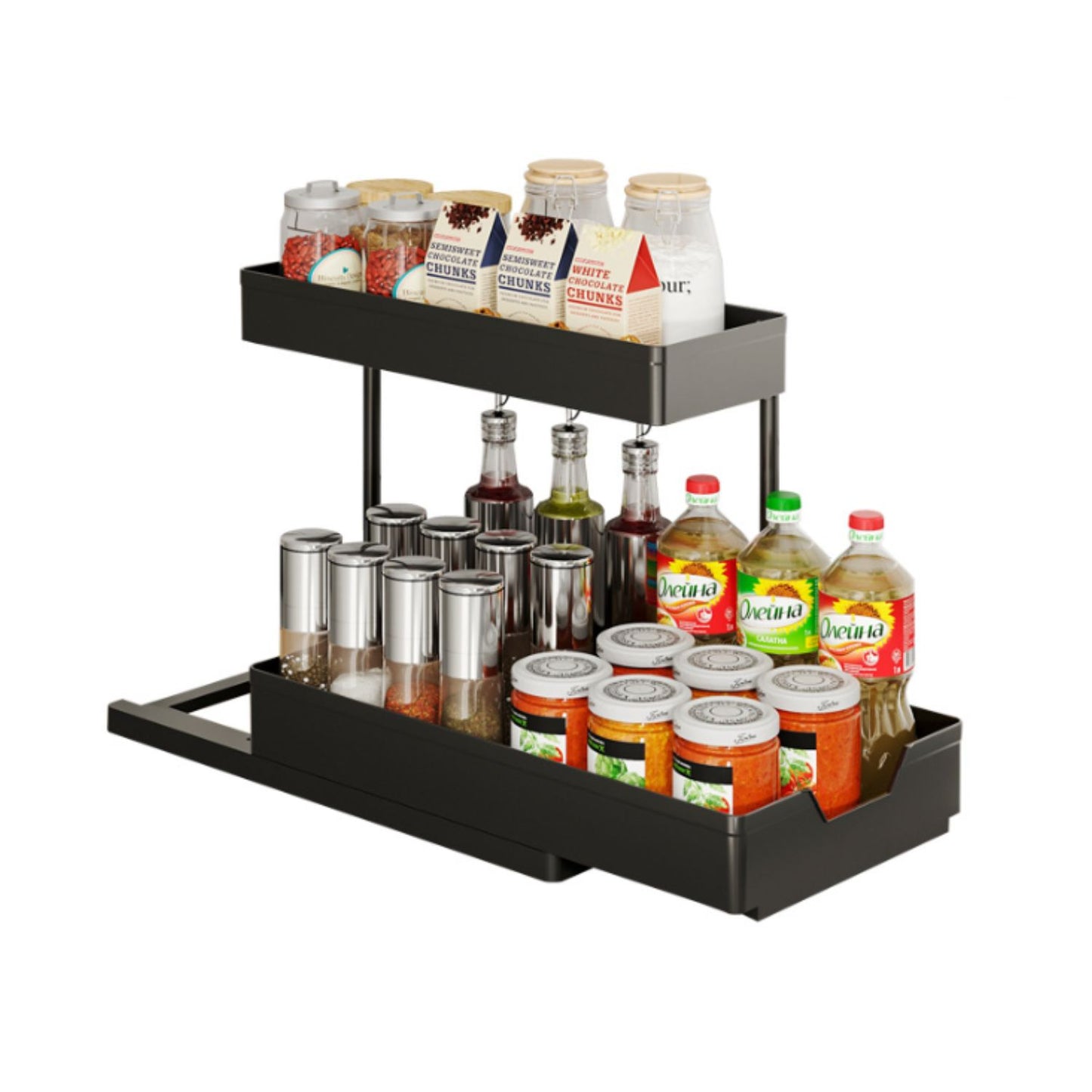 2 Packs 2-Tier Under Sink Organizer Shelf with 8 Hanging Hooks and 2 Cup Holders (Black)