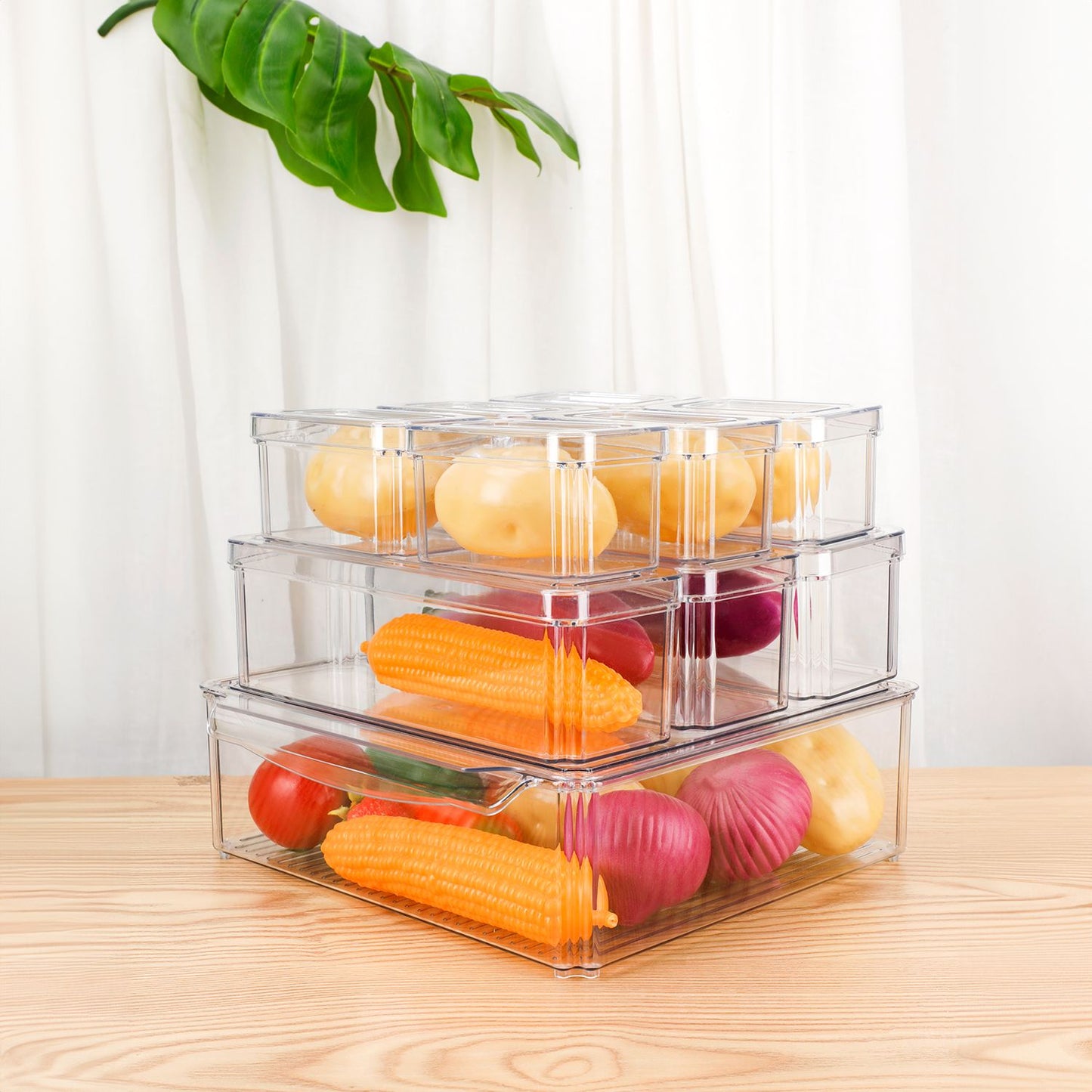 10 Pack Clear Stackable Fridge Organiser Bins with Lids (Transparent)