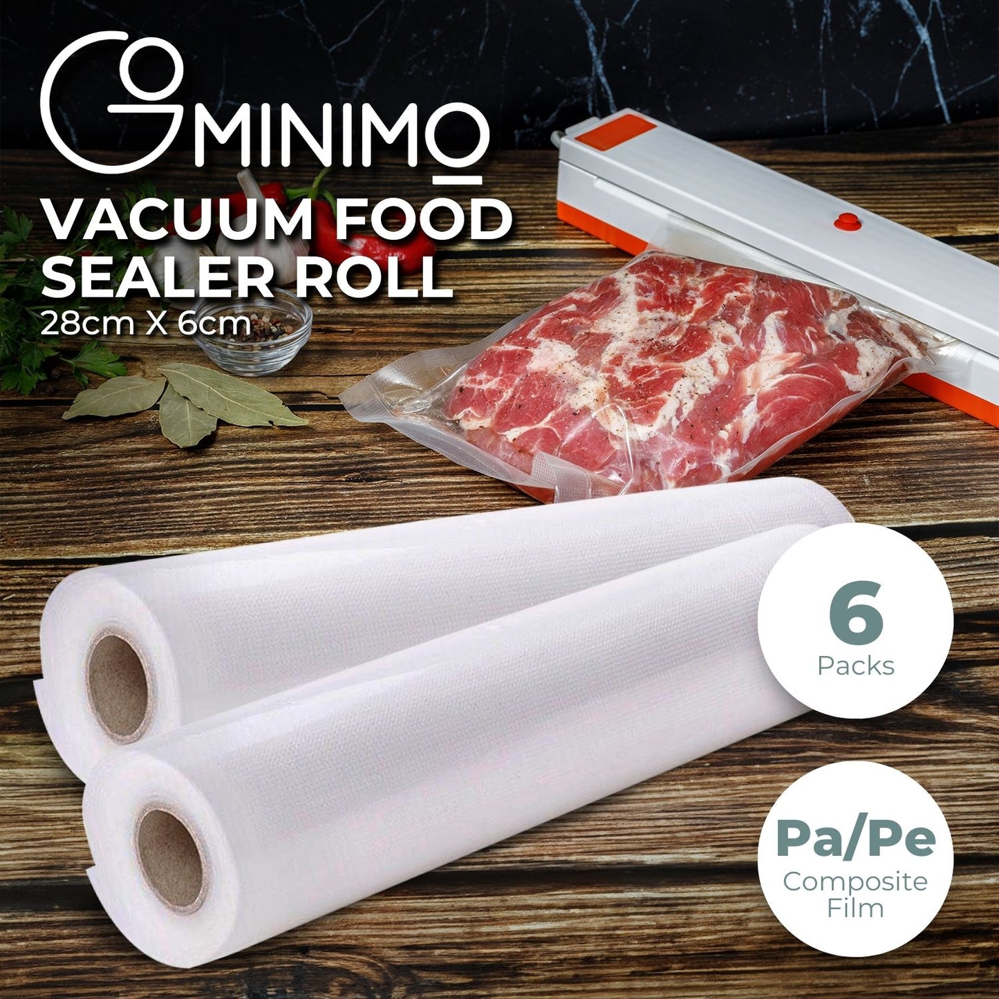 6 Pack Vacuum Food Sealer Rolls (28cm x 6m)